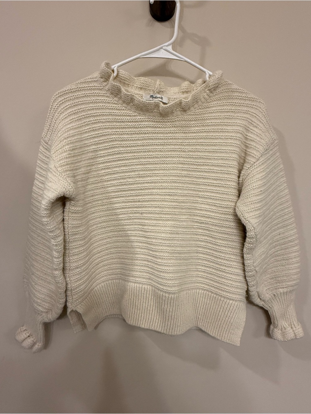 Madewell Cream Ruffle-Neck Ribbed Crew Sweater